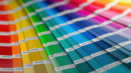 A collection of color swatches neatly displayed in rows, revealing a bright spectrum from yellow to blue, ideal for painting and design choices.の素材