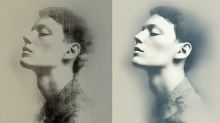 A young man poses with a serene expression, highlighted by soft lighting and subtle textures, capturing an introspective moment.の素材