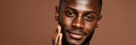 A smiling man confidently touches his face, showcasing a well-groomed beard and warm expression, set against a neutral brown background.の素材