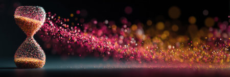 Colorful sand particles flow from a crystal hourglass, creating a dynamic visual effect against a dark background, highlighting the beauty of time passing.の素材