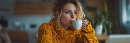 A woman wearing a bright yellow sweater sits at a kitchen table, sipping coffee thoughtfully while looking out the window on a calm autumn day.の素材