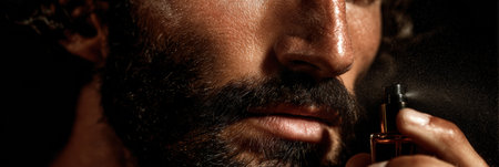 Close-up of a man in an indoor setting, applying fragrance while highlighting the importance of grooming and personal care in daily life.の素材