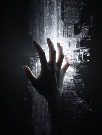 An outstretched hand reaches towards luminous digital particles in a dark space, evoking themes of innovation and human connection with technology.の素材