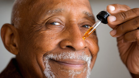 Older gentleman smiles as he holds a dropper over his face, applying oil as part of his skincare regimen in a well-lit indoor environment.の素材
