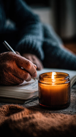An elderly individual writes in a notebook while illuminated by a flickering candle, wrapped in a soft, warm blanket, creating a tranquil atmosphere.の素材