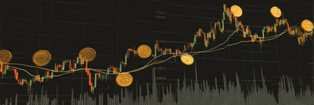 Digital chart displays cryptocurrency price movements over time, highlighting trends with gold coin icons representing market fluctuations.の素材