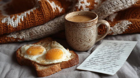 Enjoying a relaxing morning with two fried eggs on toasted bread, a warming cup of coffee, and a heartfelt handwritten note on a cozy blanket.の素材