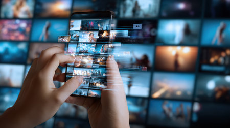 Hands interact with a smartphone displaying various multimedia content against a backdrop of numerous screens showing vibrant visuals.の素材