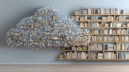 A creative representation of a cloud made from wooden blocks floats beside a vibrant bookshelf filled with various genres of books in a modern setting.の素材