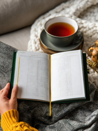 Enjoying a warm cup of tea while reading from an open journal, wrapped in a soft blanket, creating a cozy and tranquil atmosphere indoors.の素材