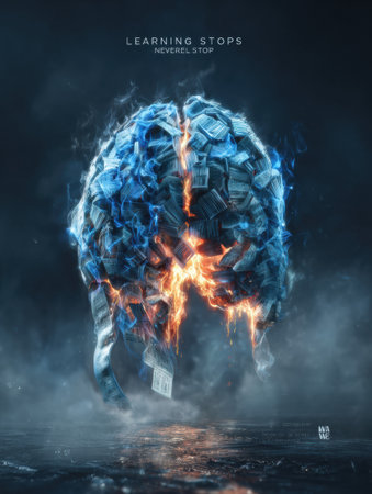 The artwork shows a brain made of crumpled paper in flames, symbolizing the endless evolution of learning and knowledge.の素材