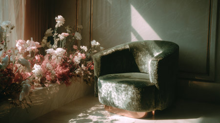 A velvet chair is positioned next to colorful flowers, with sunlight streaming through, creating a warm and inviting atmosphere in an elegant setting.の素材