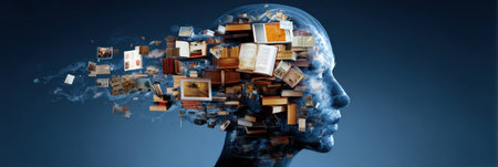 Books, paintings, and photographs emerge from a human silhouette, symbolizing the vast landscape of knowledge and creativity.の素材