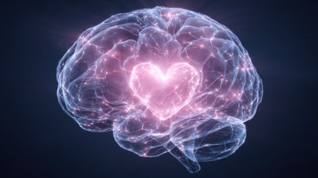 Visual of a translucent brain illuminated with soft lights, featuring a heart shape glowing in the center, representing the interplay of love and intellect.の素材