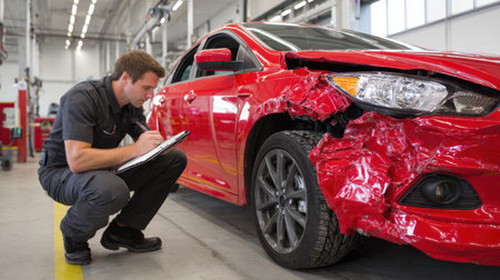 A mechanic in a work uniform kneels beside a red sedan with a damaged front. He is taking notes on a clipboard inside a well-lit auto repair shop.の素材