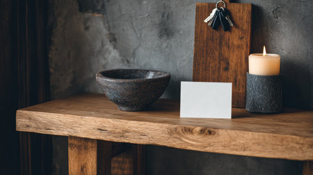 Wooden table displays a rustic stone bowl, a lit candle, and a set of keys, contributing to an inviting ambiance in a contemporary living space.の素材