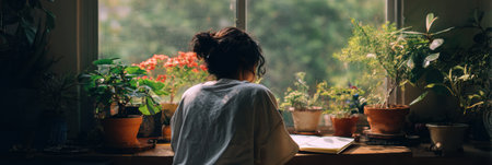 A person is focused on reading a book near a window filled with various plants, creating a serene atmosphere in a cozy indoor setting.の素材