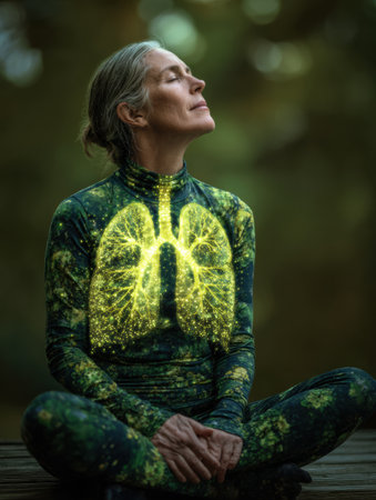 A woman sits peacefully in nature, meditating while showing glowing lungs, surrounded by greenery, reflecting a connection between health and environment.の素材