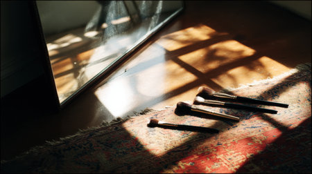 Sunlight streams through a window, illuminating makeup brushes laid out on a colorful rug beside a large mirror in a calming indoor space.の素材