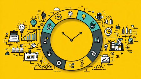A colorful clock surrounded by various icons representing productivity, technology, planning, and innovation on a bright yellow backdrop.の素材