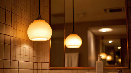 Soft, warm light emanates from round pendant lamps above a sink, creating a relaxing atmosphere in a modern bathroom with tiled walls.の素材