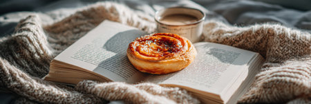 A cinnamon roll sits on an open book next to a steaming cup of coffee on a soft blanket, creating a cozy atmosphere for a leisurely afternoon.の素材