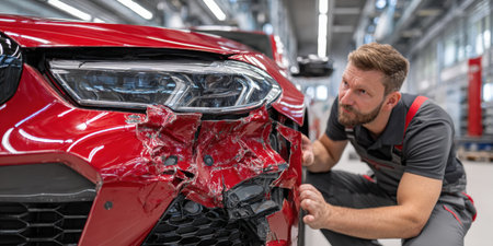 Technician closely examines the crumpled front of a red car at an auto repair shop, focusing on assessing the damage for repairs.の素材