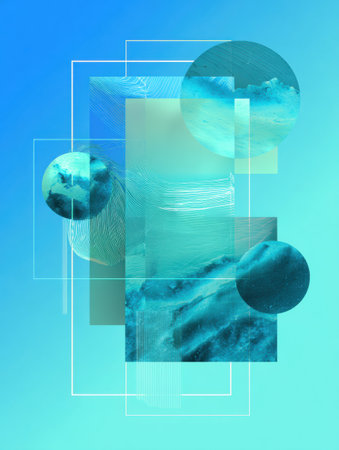 Vibrant blue and teal shapes, including circles and rectangles, interact on a soft blue background, showing texture and depth in abstract art.の素材