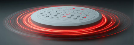 A distinctive modern calendar displays numbers while a swirling red light creates a dynamic visual effect against a dark backdrop, emphasizing time.の素材