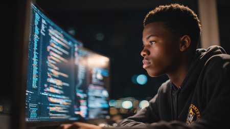 A teenager focuses intensely on coding, surrounded by glowing screens in a dark room, demonstrating dedication to programming.の素材