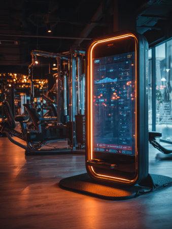High-tech equipment stands in a contemporary gym, illuminated with warm lighting, inviting users to explore fitness options during a workout session.の素材
