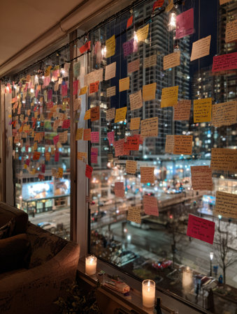 Bright sticky notes filled with messages cover a window in an apartment overlooking a bustling city, with soft candlelight adding warmth to the atmosphere.の素材