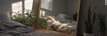Sunlight filters into a cozy bedroom, highlighting a large mirror and lush indoor plants next to a rumpled bed in the afternoon light.の素材