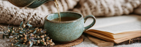 A person carefully pours tea into a blue mug beside an open book, surrounded by soft textures and dried flowers, creating a warm and inviting atmosphere.の素材