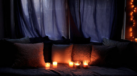 A cozy seating area features flickering candles and plush pillows, bathed in soft light from warm curtains during a tranquil evening.の素材