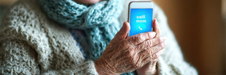 An elderly woman warmly dressed in a knitted sweater and scarf holds her smartphone, displaying a call mom notification, inside a cozy room.の素材