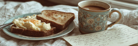Scrambled eggs served on toasted bread with a cup of coffee nearby, accompanied by a handwritten note, creating a cozy breakfast setting in a warm light.の素材