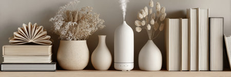 A stylish shelf features a modern diffuser, decorative vases with dried flowers, and stacked books, creating a serene atmosphere.の素材