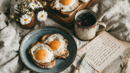 A cozy breakfast features spread toasted bread topped with fried eggs, a cup of coffee, and a vase of flowers, all arranged on a soft tablecloth.の素材