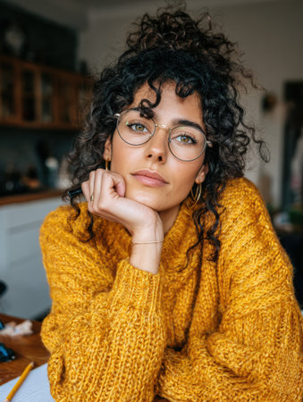 Woman with curly hair sits comfortably at home, resting her chin on her hand, wearing a warm yellow sweater while enjoying a peaceful moment indoors.の素材