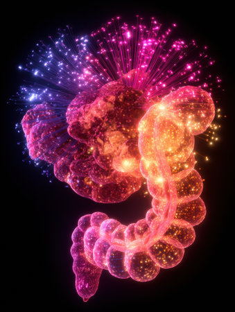 Digital artwork illustrating the human intestines in vibrant colors, showing biological dynamics and abstract forms against a dark backdrop.の素材