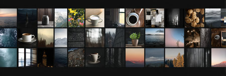 Various coffee cups are displayed alongside beautiful landscapes, floral arrangements, and cozy indoor settings, showing a blend of nature and comfort.の素材