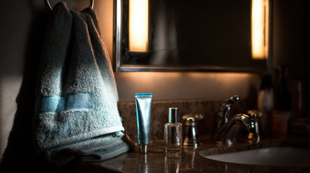 Folding towel hangs next to skincare products on a bathroom counter illuminated by warm light, creating a cozy atmosphere for self-care.の素材