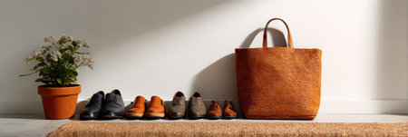 Footwear is neatly lined up next to a stylish handbag and a potted plant, creating an inviting entryway with soft natural light highlighting the features.の素材