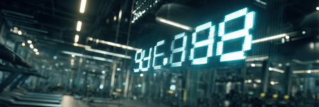Bright digital counts display workout metrics in a bustling gym filled with exercise machines, reflecting a vibrant atmosphere in the early morning hours.の素材