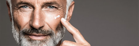A man with a well-groomed beard is gently applying a skincare product to his cheek, showing self-care in a simple indoor environment.の素材