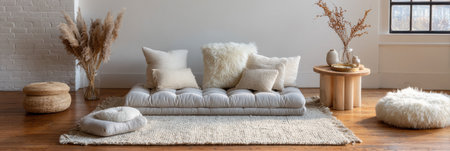 Stylish living room features a plush sofa with neutral cushions, decorative table, and natural elements, creating a serene and inviting atmosphere.の素材