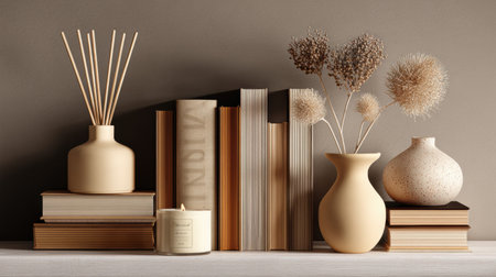 Warm tones of beige and soft textures enhance a refined arrangement of books, ceramic vases, and dried flowers on a simple shelf.の素材
