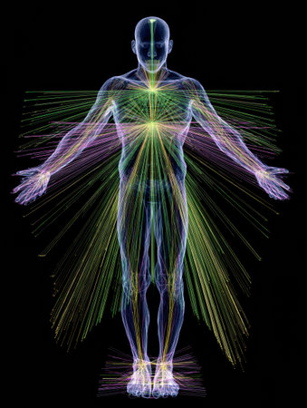 An abstract illustration depicts the human figure with colorful energy lines radiating outward, symbolizing the connection between body and universal energy.の素材