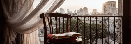 A wooden chair holds an open book while sheer curtains softly sway in the breeze, revealing a city skyline at sunset.の素材